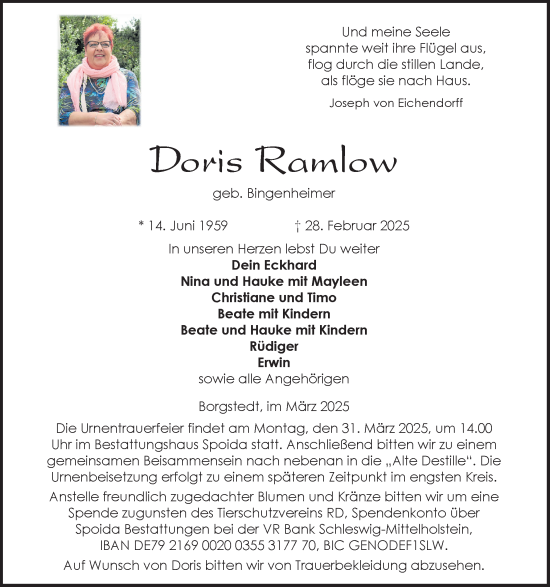 Traueranzeige von Doris Ramlow von Schleswig-Holsteinische Landeszeitung