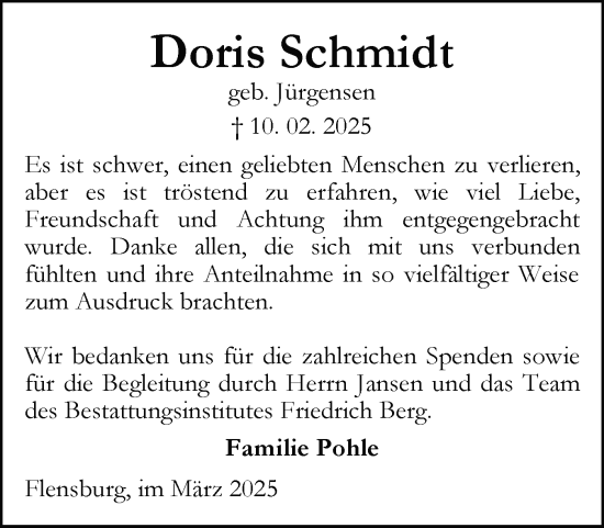 Traueranzeige von Doris Schmidt von Flensburger Tageblatt