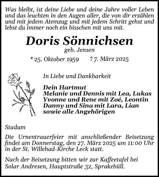 Traueranzeige von Doris Sönnichsen von Husumer Nachrichten, Nordfriesland Tageblatt