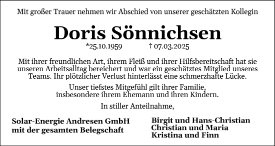 Traueranzeige von Doris Sönnichsen von Husumer Nachrichten, Nordfriesland Tageblatt