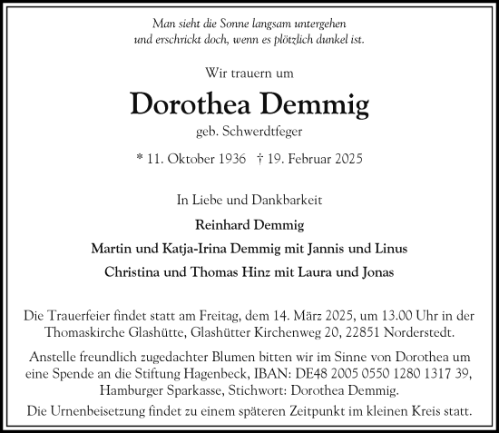Traueranzeige von Dorothea Demmig von Heimatspiegel
