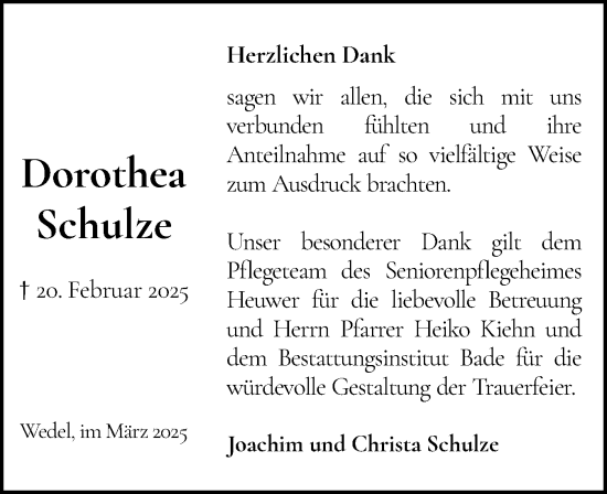 Traueranzeige von Dorothea Schulze von Wedel-Schulauer Tageblatt, tip Wedel-Schulauer Tageblatt, tip Rissener Rundschau