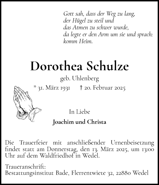 Traueranzeige von Dorothea Schulze von Wedel-Schulauer Tageblatt, tip Wedel-Schulauer Tageblatt, tip Rissener Rundschau