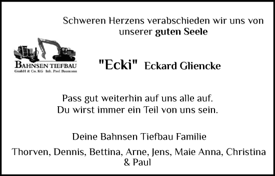 Traueranzeige von Eckard Glienke von Husumer Nachrichten, Nordfriesland Tageblatt