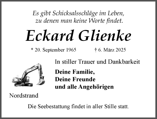 Traueranzeige von Eckard Glienke von Husumer Nachrichten, Nordfriesland Tageblatt