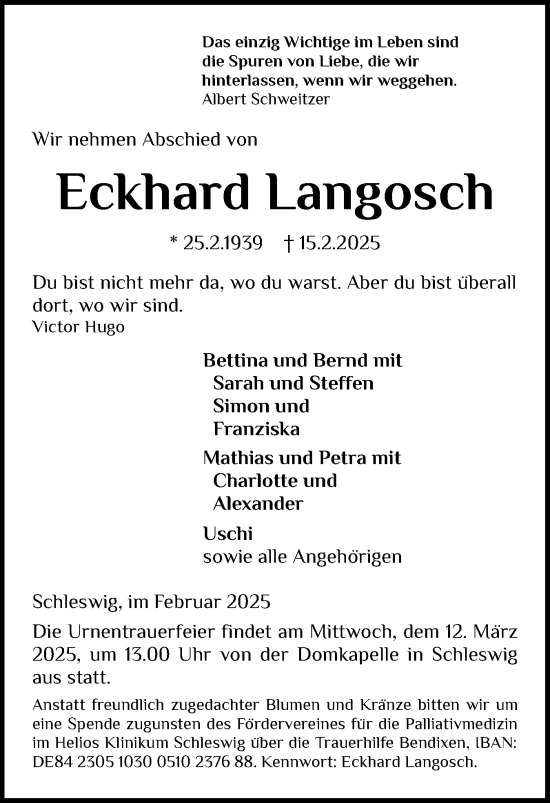 Traueranzeige von Eckhard Langosch von Schleswiger Nachrichten, Schlei-Bote