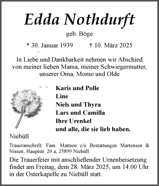 Traueranzeige von Edda Nothdurft von Husumer Nachrichten, Nordfriesland Tageblatt