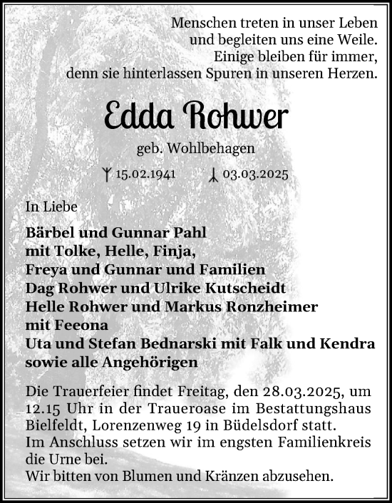 Traueranzeige von Edda Rohwer von Schleswig-Holsteinische Landeszeitung