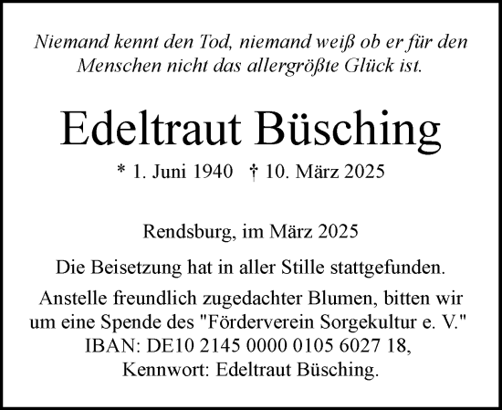 Traueranzeige von Edeltraut Büsching von Schleswig-Holsteinische Landeszeitung