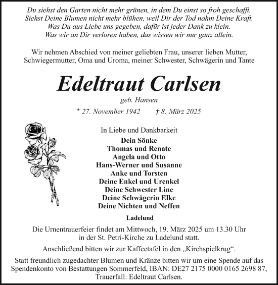 Traueranzeige von Edeltraut Carlsen von Region Flensburg