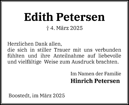 Traueranzeige von Edith Petersen von Holsteinischer Courier