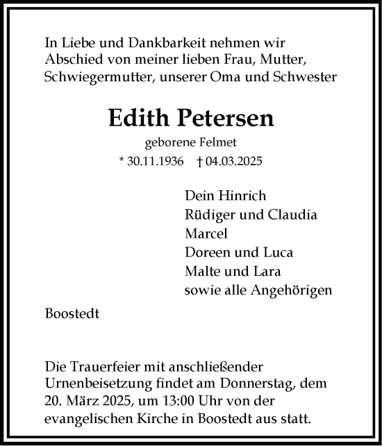 Traueranzeige von Edith Petersen von Holsteinischer Courier