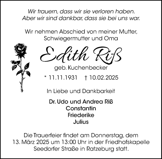 Traueranzeige von Edith Riß von MARKT Ratzeburg/Mölln