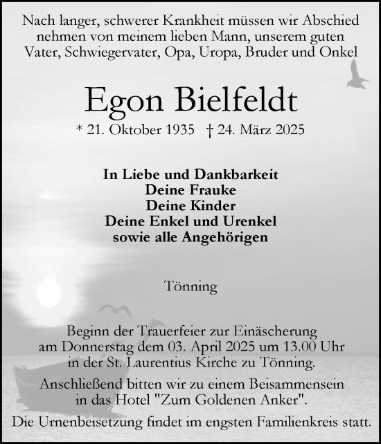 Traueranzeige von Egon Bielfeldt von Husumer Nachrichten, Nordfriesland Tageblatt