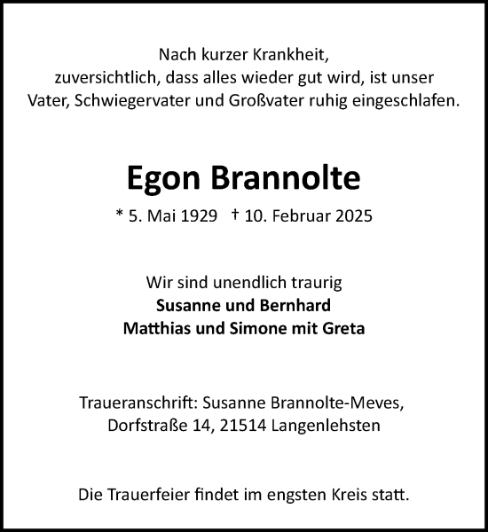 Traueranzeige von Egon Brannolte von Wochenend Anzeiger