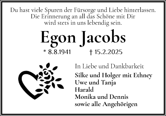 Traueranzeige von Egon Jacobs von Eckernförder Zeitung, Hallo Eckernförde