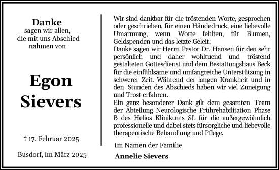 Traueranzeige von Egon Sievers von Schleswiger Nachrichten, Schlei-Bote