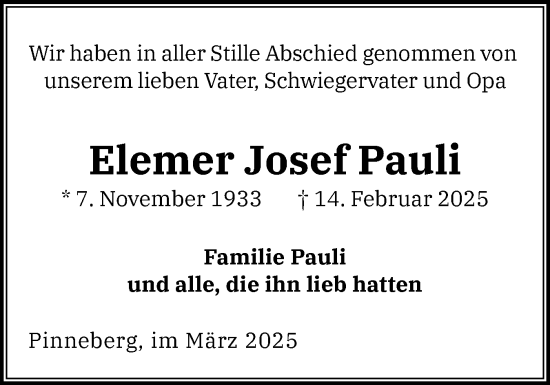 Traueranzeige von Elemer Josef Pauli von Region Pinneberg und tip Pinneberg