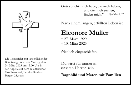 Traueranzeige von Eleonore Müller von MARKT Ahrensburg/Bargteheide/Trittau und Stormarner Tageblatt
