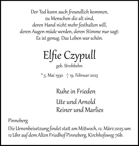 Traueranzeige von Elfie Czypull von Region Pinneberg und tip Pinneberg