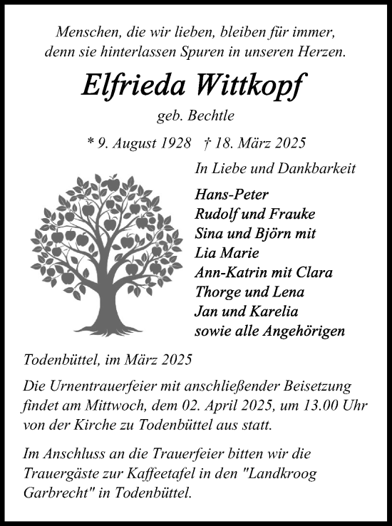 Traueranzeige von Elfrieda Wittkopf von Schleswig-Holsteinische Landeszeitung