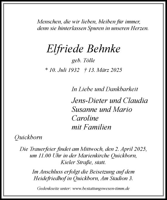 Traueranzeige von Elfriede Behnke von Umschau