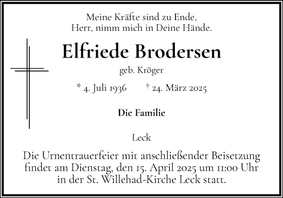 Traueranzeige von Elfriede Brodersen von Husumer Nachrichten, Nordfriesland Tageblatt