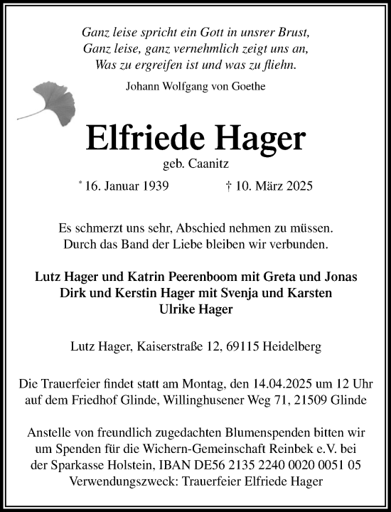 Traueranzeige von Elfriede Hager von MARKT Glinde/Reinfeld