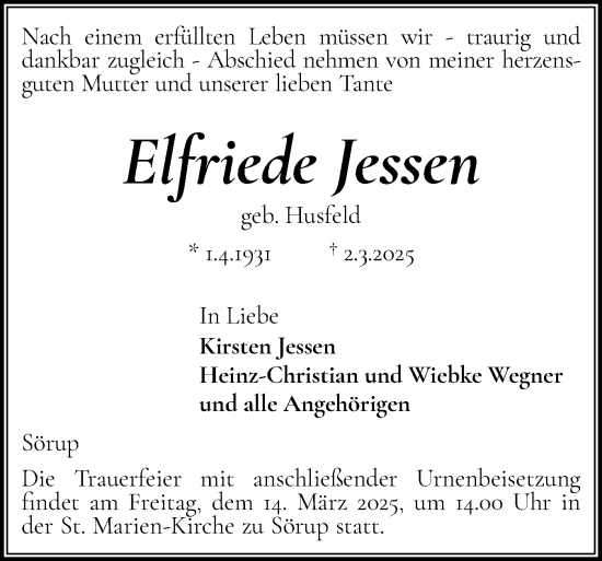 Traueranzeige von Elfriede Jessen von Flensburger Tageblatt