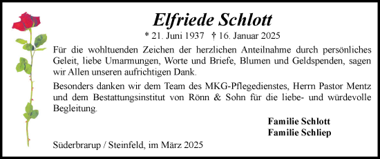Traueranzeige von Elfriede Schlott von Schleswiger Nachrichten, Schlei-Bote