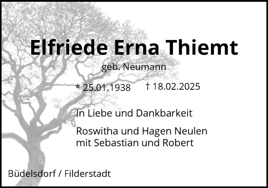 Traueranzeige von Elfriede Erna Thiemt von Schleswig-Holsteinische Landeszeitung