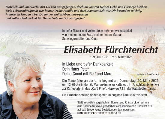 Traueranzeige von Elisabeth Fürchtenicht von Husumer Nachrichten, Nordfriesland Tageblatt