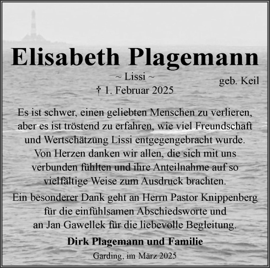 Traueranzeige von Elisabeth Plagemann von Husumer Nachrichten, Nordfriesland Tageblatt