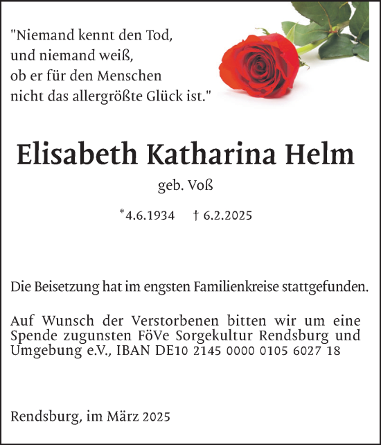 Traueranzeige von Elisabeth Katharina Helm von Schleswig-Holsteinische Landeszeitung