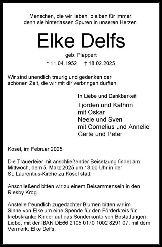 Traueranzeige von Elke Delfs von Eckernförder Zeitung, Hallo Eckernförde