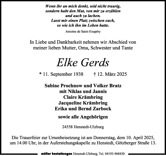 Traueranzeige von Elke Gerds von Umschau