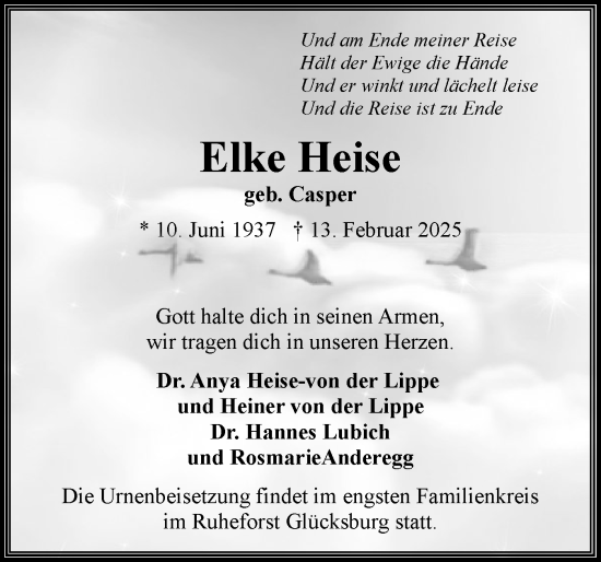 Traueranzeige von Elke Heise von Flensburger Tageblatt