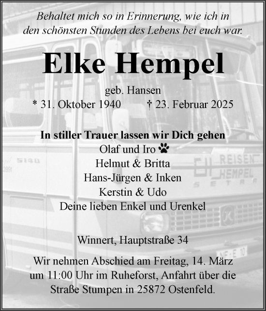 Traueranzeige von Elke Hempel von Husumer Nachrichten, Nordfriesland Tageblatt