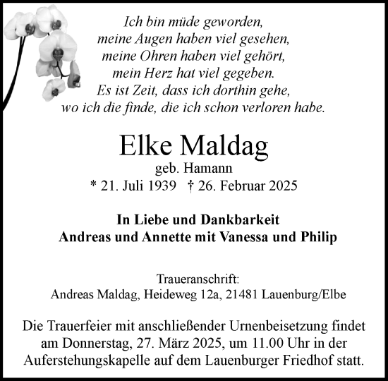 Traueranzeige von Elke Maldag von Wochenend Anzeiger