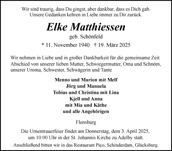 Traueranzeige von Elke Matthiessen von Flensburger Tageblatt