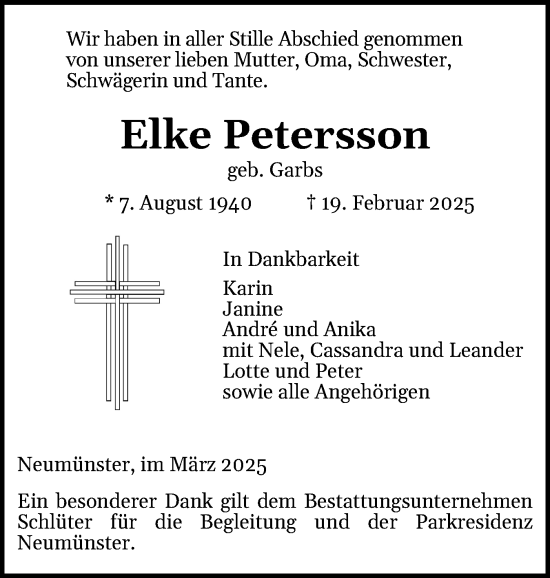 Traueranzeige von Elke Petersson von Holsteinischer Courier