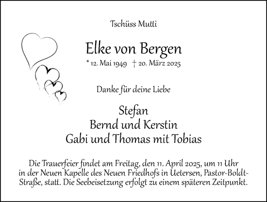 Traueranzeige von Elke von Bergen von Uetersener Nachrichten, Der tip am Wochenende