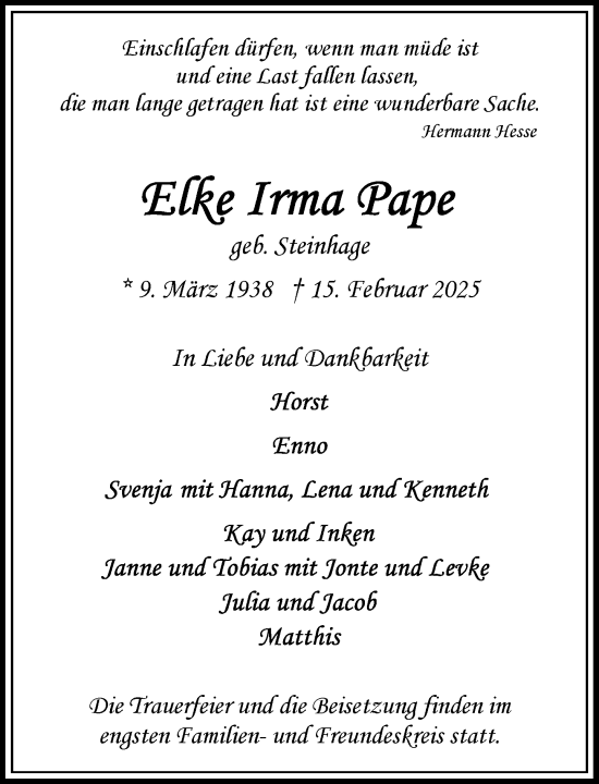 Traueranzeige von Elke Irma Pape von Heimatspiegel