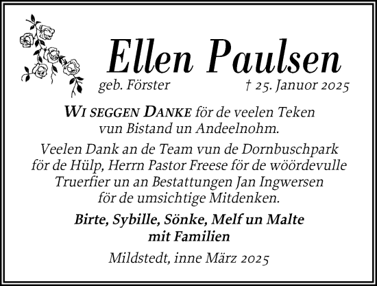 Traueranzeige von Ellen Paulsen von Husumer Nachrichten, Nordfriesland Tageblatt