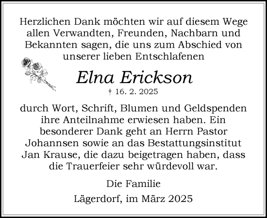 Traueranzeige von Elna Erickson von Norddeutsche Rundschau, Wilstersche Zeitung, Glückstädter Fortuna