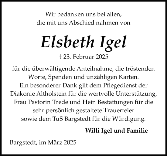 Traueranzeige von Elsbeth Igel von Schleswig-Holsteinische Landeszeitung