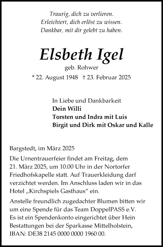 Traueranzeige von Elsbeth Igel von Schleswig-Holsteinische Landeszeitung