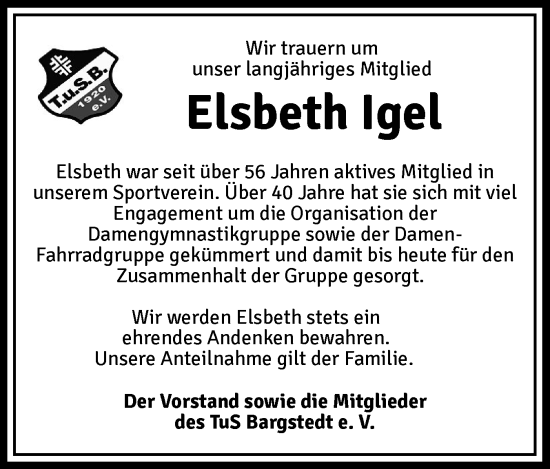Traueranzeige von Elsbeth Igel von Schleswig-Holsteinische Landeszeitung