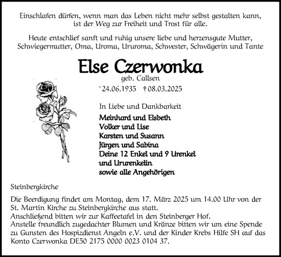 Traueranzeige von Else Czerwonka von Flensburger Tageblatt
