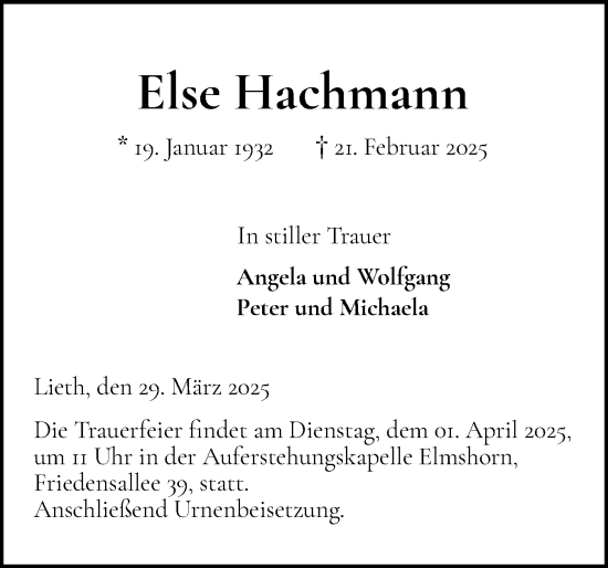 Traueranzeige von Else Hachmann von Elmshorner Nachrichten, Barmstedter Zeitung